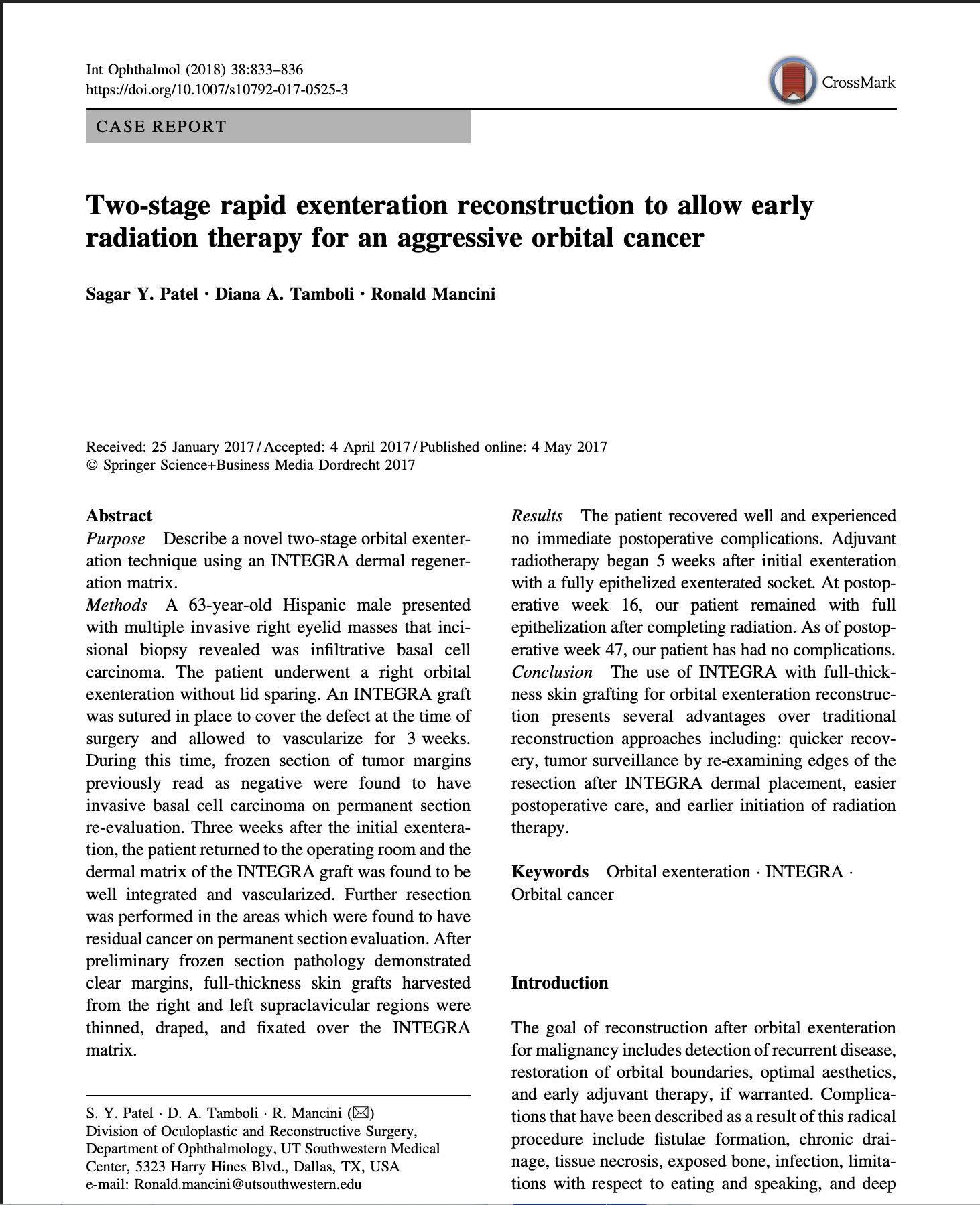 Two-Stage Rapid Orbital Exenteration Reconstruction