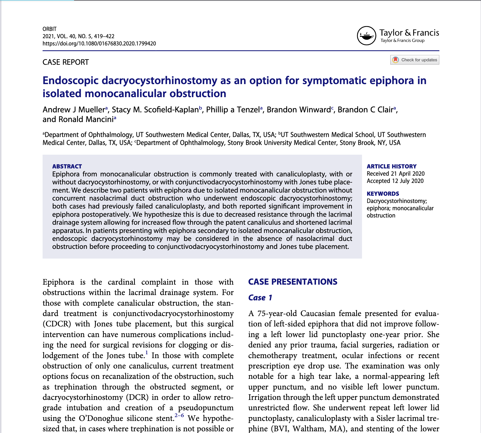 Endoscopic Dacryocystorhinostomy for Monocanalicular Obstruction